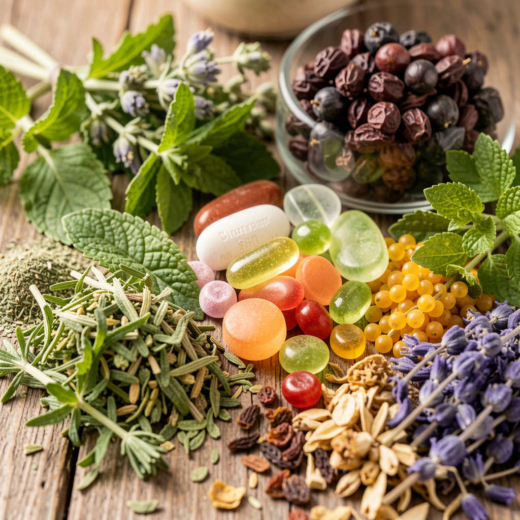 Detailed view of natural ingredients including herbs, vitamins, and botanical extracts